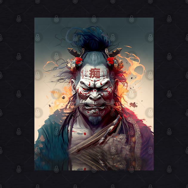 Wrath of a Samurai No. 2: Oni Transformation  -- Perturbed Samurai with the word for "Idiot", "Stupid" in kanji (痴 [chī] ) on his forehead on a Dark Background by Puff Sumo